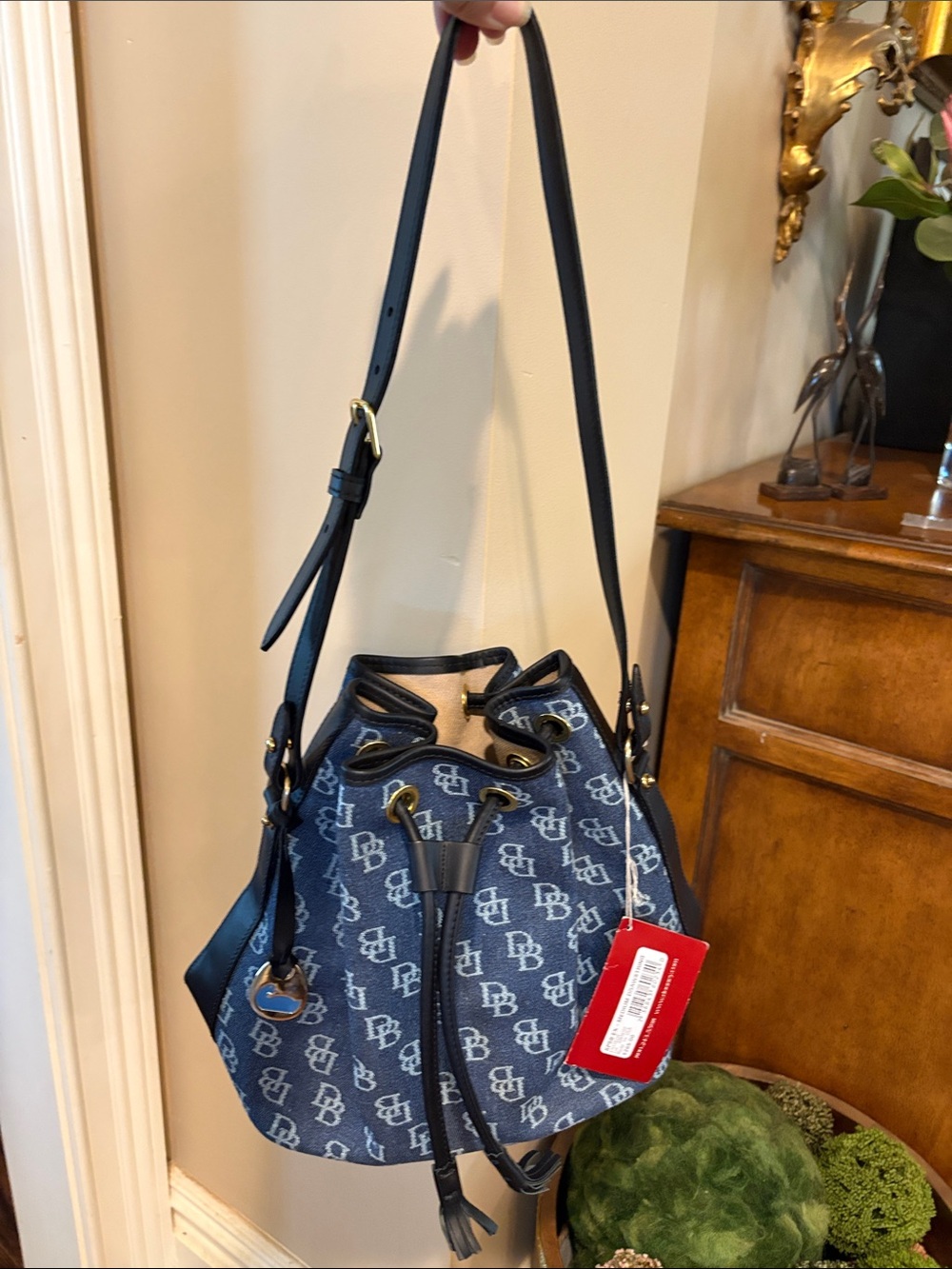Dooney & Bourke Navy DB Monogram Drawstring Shoulder Bag NWT - Picture 4 of 11